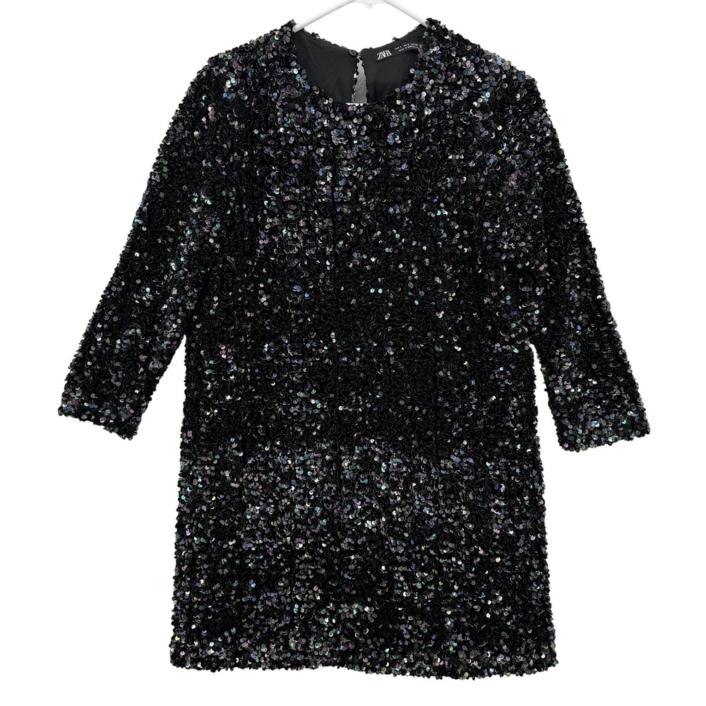 Zara Dress Womens‎ Small Black Sequin 3/4 Sleeve Mini Party Cocktail Sparkle New
